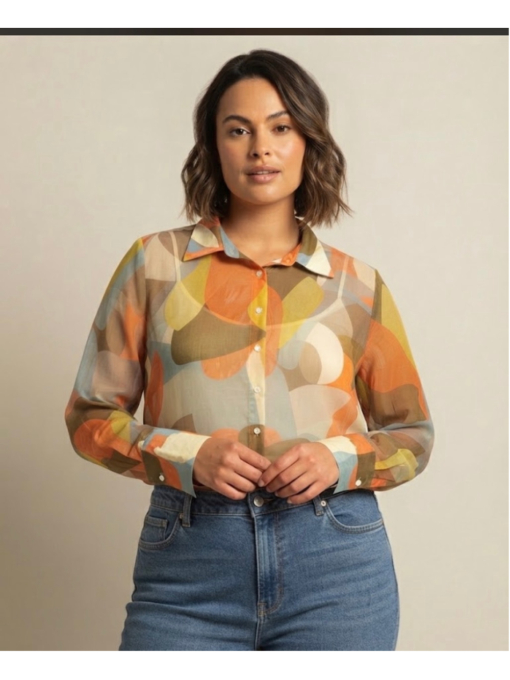 PrettyLittleThing Button Down Shirt Size 12 Orange Brown Abstract